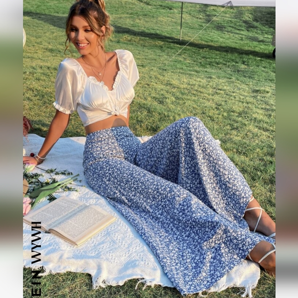 SHEIN Wide Leg Palazzo Pant Large Ditsy Floral Print Blue NWOT High Waist - Picture 6 of 12